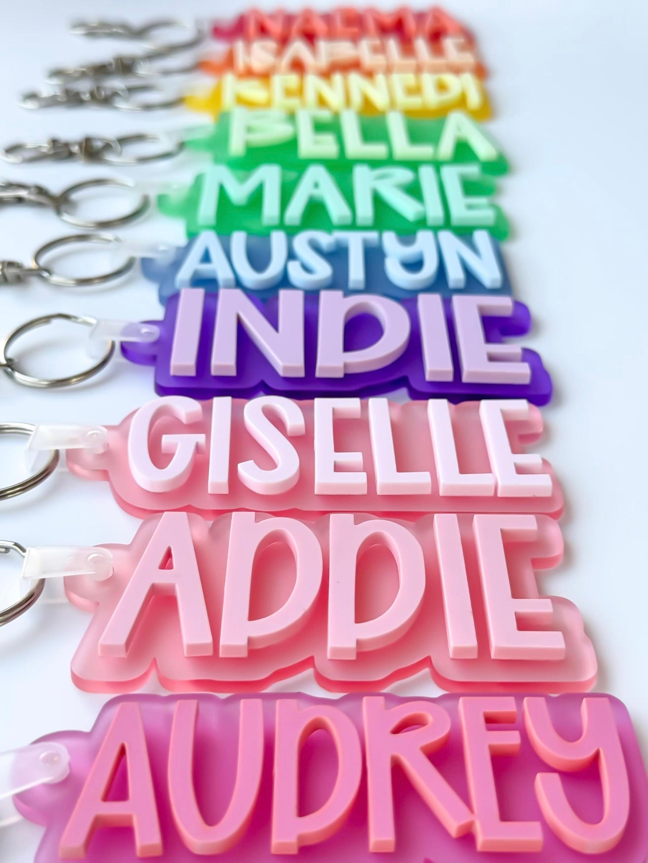 Custom 3D printed name keychain in bright blue plastic, featuring the name 'Jessica' in bold, rounded letters, attached to a silver metal keyring, displayed on a white background.