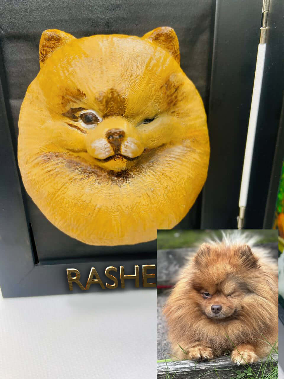 A sculpted dog head with a yellowish hue and a small trunk, positioned on a black frame with the word "RASHE." One eye of the sculpture is damaged. A smaller photo of a similar real dog sits on a surface with green grass or plants in the background.