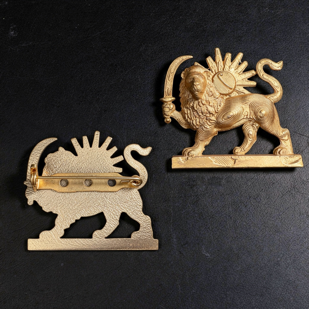 Gold 3D printed Lion and Sun brooch pinned on a black suit lapel, representing the historical Shir o Khorshid symbol of Iran