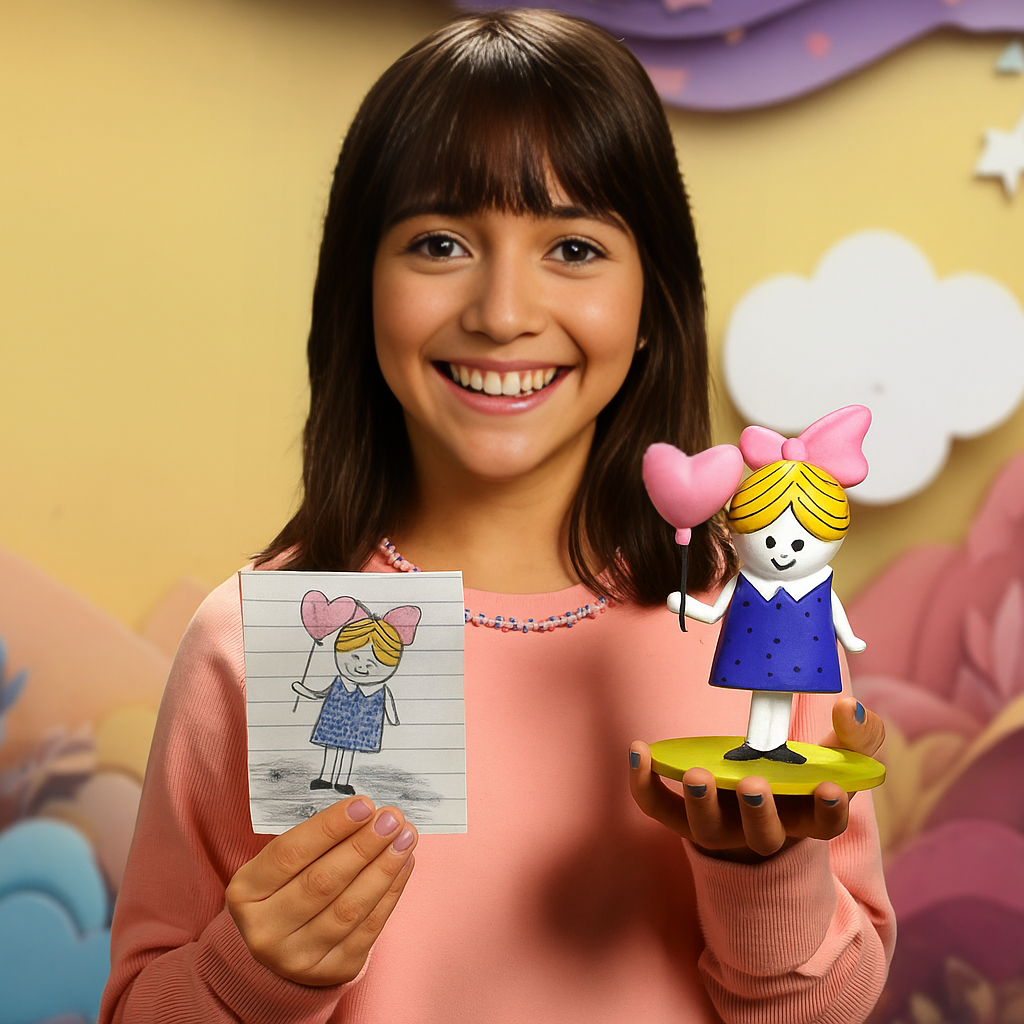A girl is holding a drawing and a figurine of a character with a pink bow and blue dress. The background features a whimsical, pastel-colored design with clouds and floral shapes..
